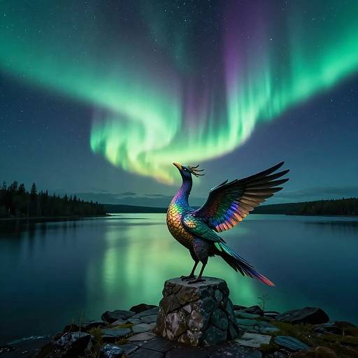 Photograph of a vibrant, multicolored bird with spread wings standing on a rock, under a mesmerizing aurora borealis over a calm lake