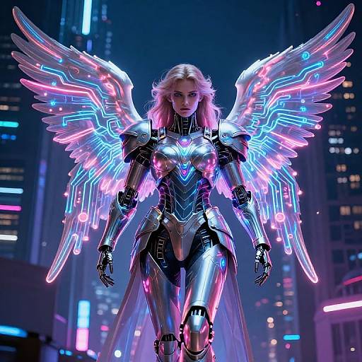 Cybernetic Angel in Neon Metropolis