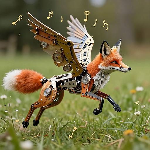 Digital artwork of a mechanical fox with robotic wings, orange fur, and musical notes floating around, running in a grassy field.