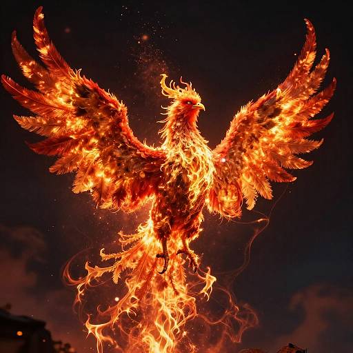 Photograph of a fiery phoenix with glowing orange and red feathers, outstretched wings, and intense flames, set against a dark night sky.