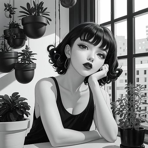 Monochrome Portrait of Woman with Curly Hair Indoors