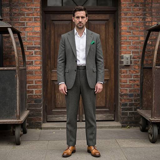 Photograph of a well-groomed man in a gray suit, white shirt, brown shoes, and green pocket square, standing between two old luggage