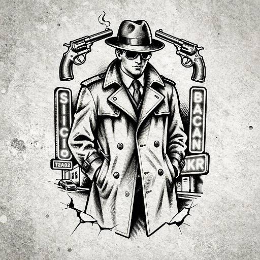 Vintage Noir Futuristic Detective Tattoo