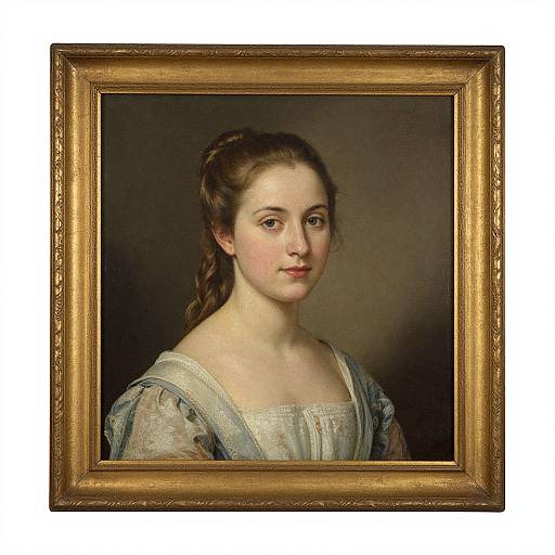Portrait painting of a young, fair-skinned woman with brown hair in a loose braid, wearing a light blue, lace-trimmed dress,