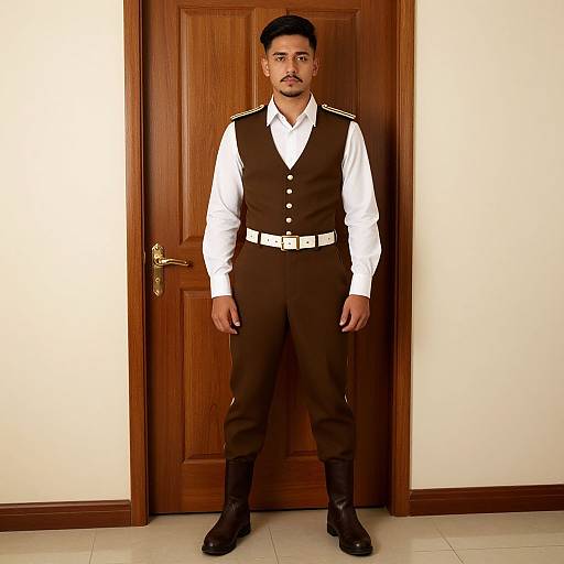 Photograph of a South Asian man with short black hair and mustache, standing in front of a wooden door, wearing a brown military-style vest over