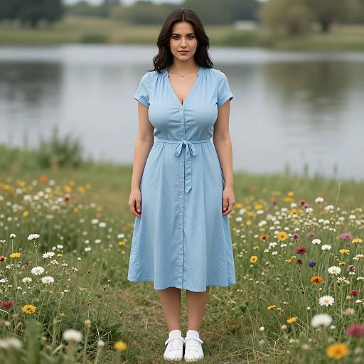 Photograph of a young woman with dark hair, wearing a light blue, button-up dress and white sneakers, standing in a colorful meadow by a