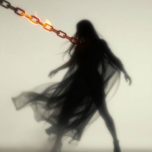 Silhouetted figure with long, flowing black hair wielding a fiery chain against a stark white background, creating a dramatic, ethereal effect.