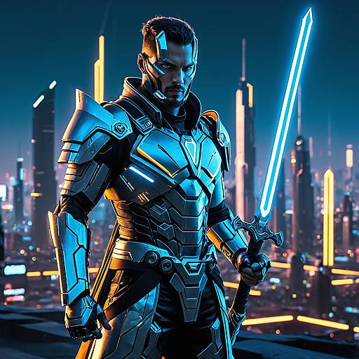 Futuristic Male Android Warrior with Energy Sword