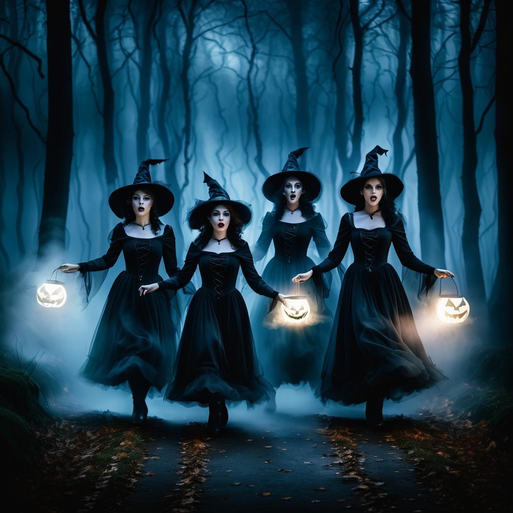 Spooky Witches Haunting a Foggy Path