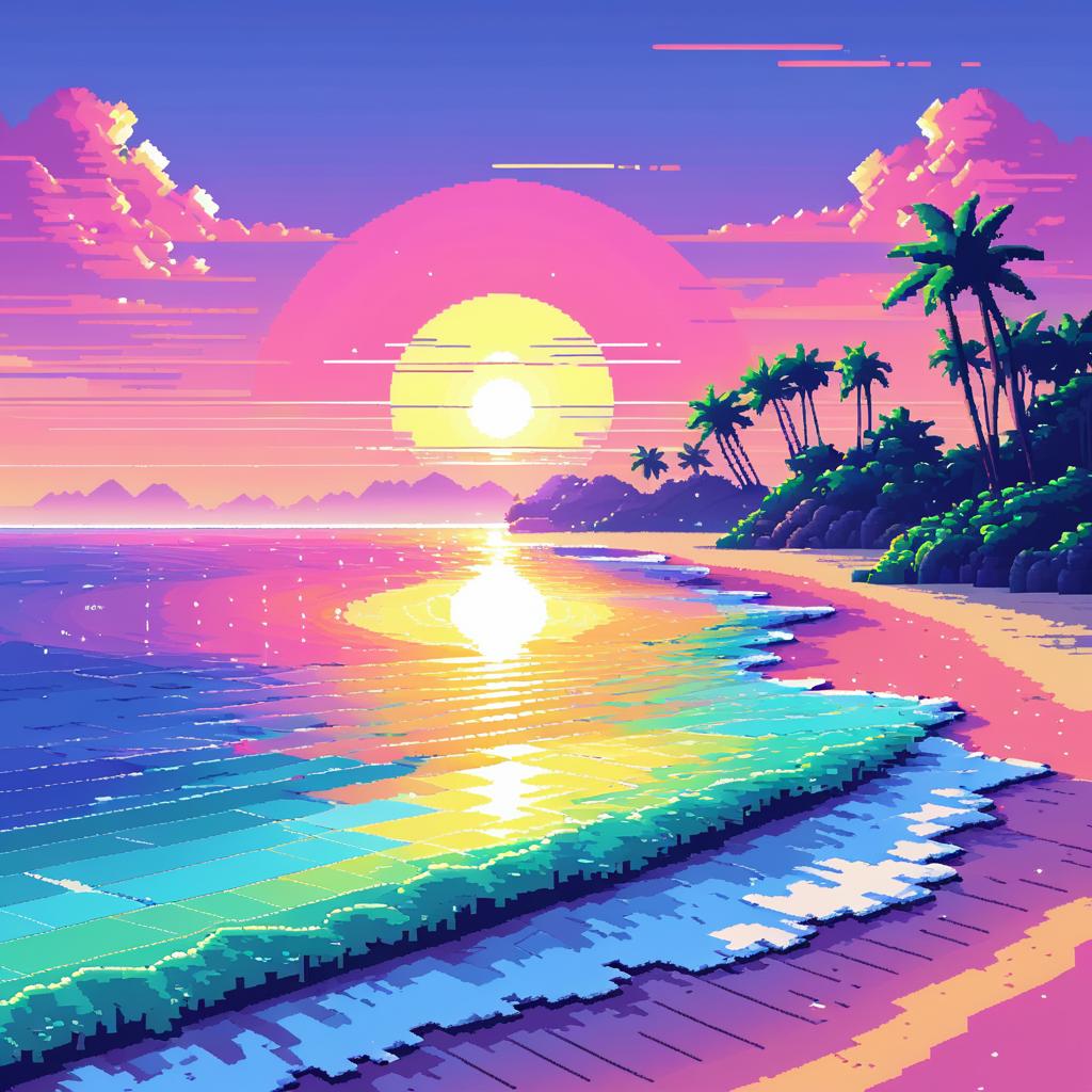 Vibrant Pixel Art Beach at Sunrise