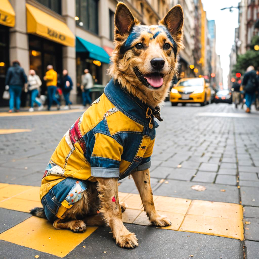 Playful Dog in Patchwork Jeans on Sidewalk