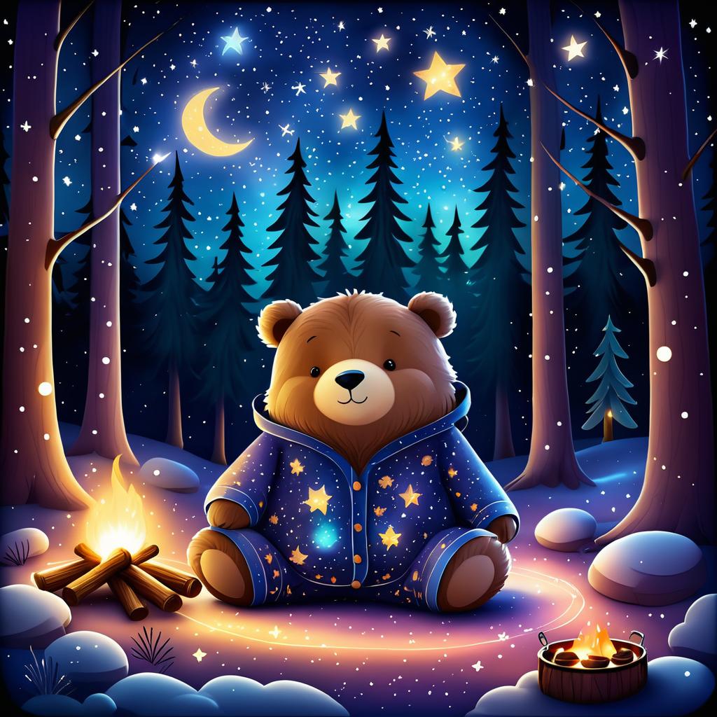 Sleepy Bear in Pajamas Under Stars