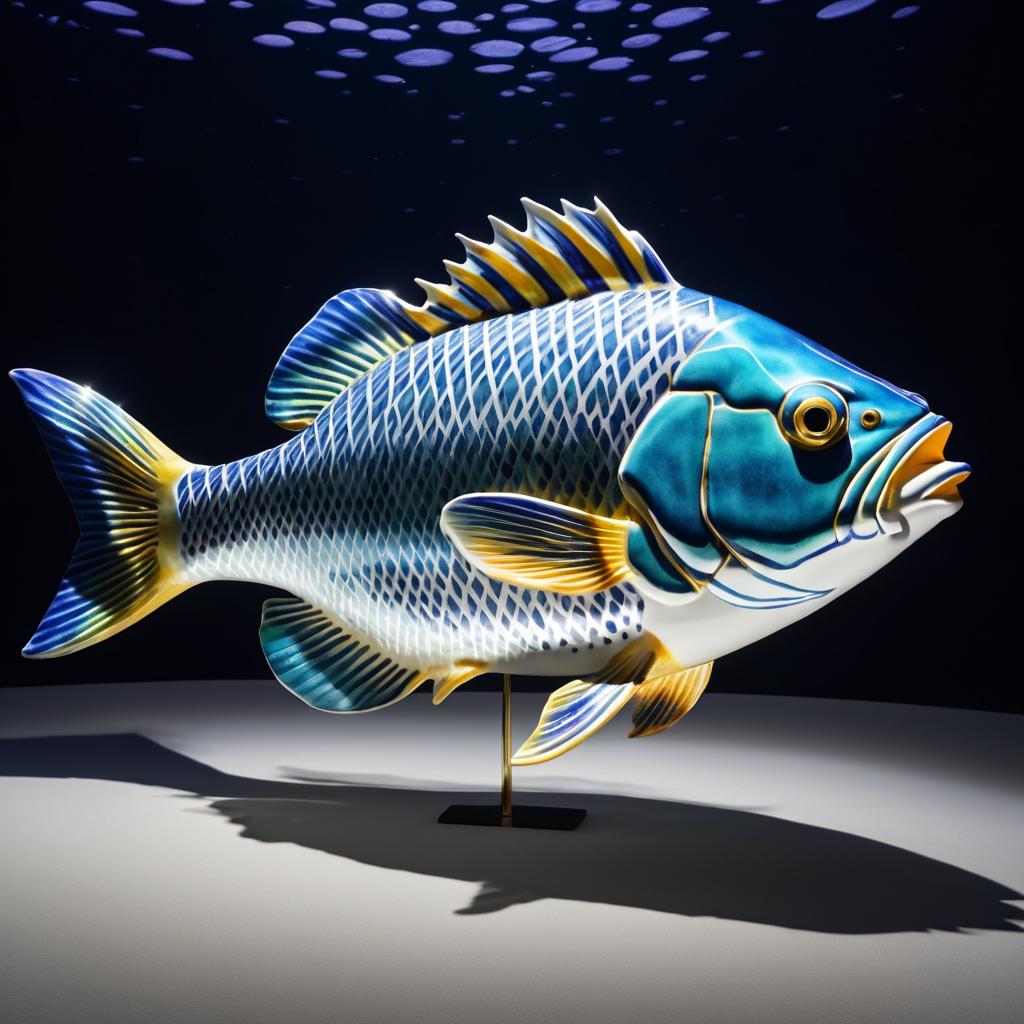 Hyperrealistic Ceramic Fish Underwater Scene