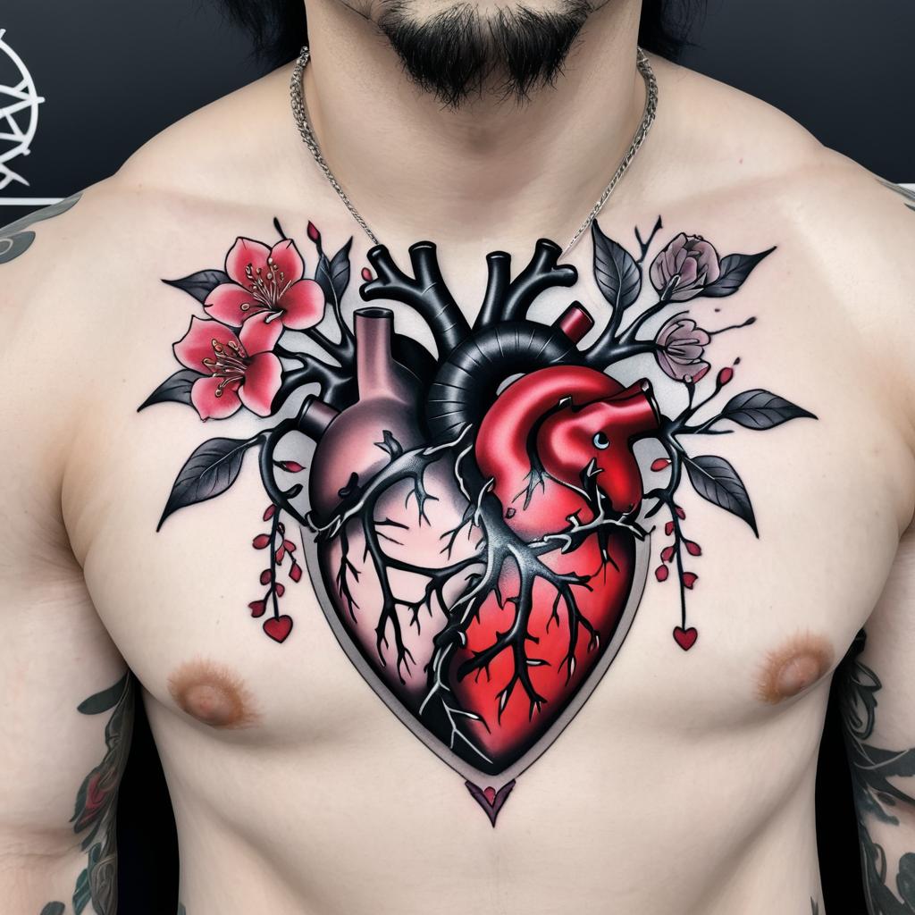 Anatomical Heart Tattoo with Cherry Blossoms