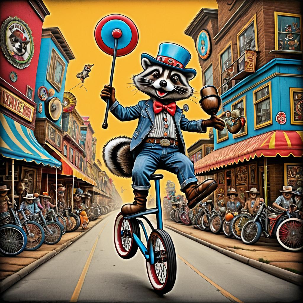 Whimsical Raccoon on Unicycle at Carnival