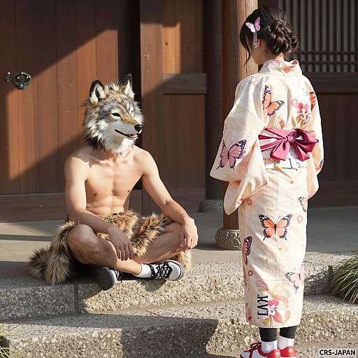 Outdoor Portrait: Man in Wolf Mask and Woman