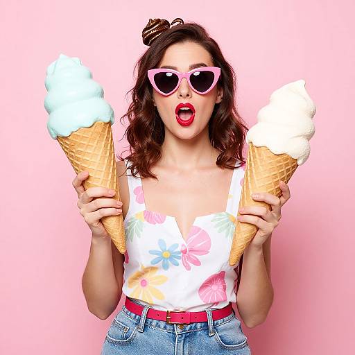 Photograph of a woman with wavy brown hair, pink heart-shaped sunglasses, red lipstick, white floral tank top, blue jeans, holding two large