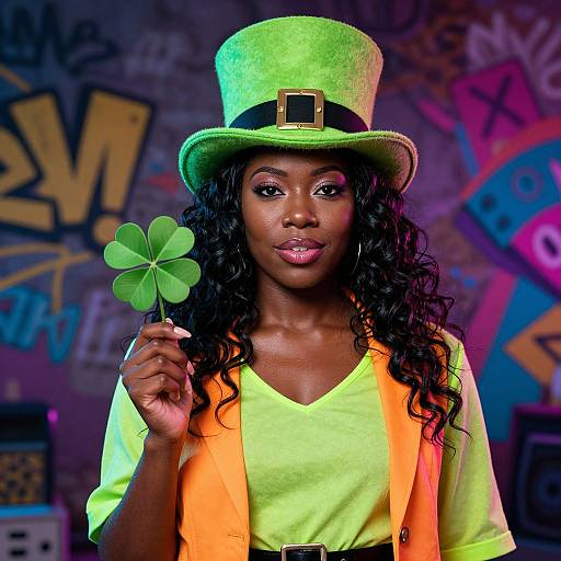 Photograph of a dark-skinned woman with long curly black hair, wearing a neon green top hat, lime green shirt, orange suspenders, holding