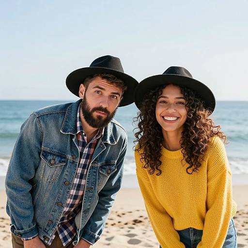 Photograph of a bearded man in a denim jacket and plaid shirt, and a smiling woman in a yellow sweater and black hat, standing on