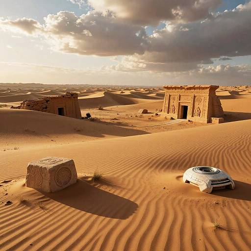 Photorealistic CGI of a desert landscape with rippled sand, ancient stone arches, and a white dome-shaped vehicle under a cloudy sky.