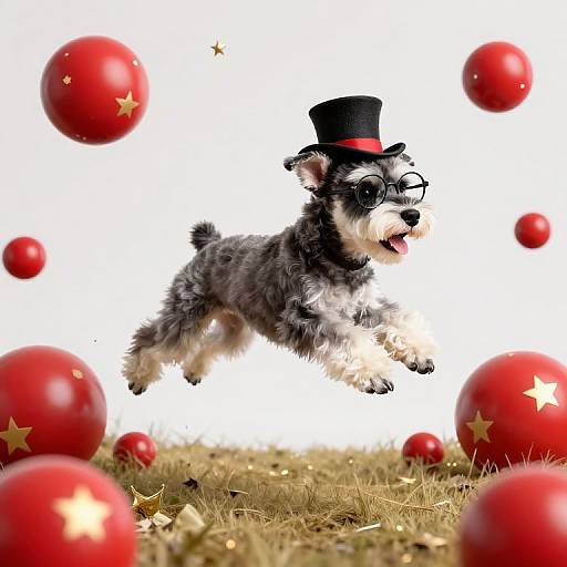 Photograph of a fluffy, gray and white puppy mid-leap, wearing a black top hat and glasses, surrounded by red Christmas ornaments with gold stars