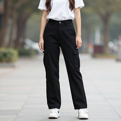 Realistic Portrait of Woman in Black Cargo Pants