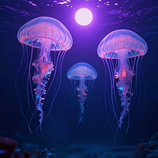 Photograph of glowing, translucent jellyfish with pink and blue accents floating in dark, purple-lit underwater environment, illuminated by a bright, circular light