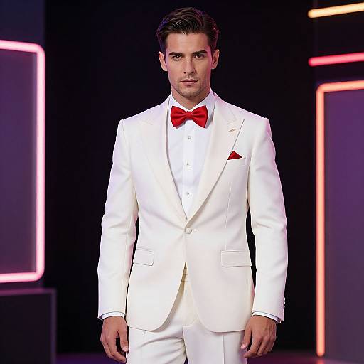 Photograph of a handsome man in a white tuxedo with a red bow tie, pocket square, and black hair, walking on a neon-l