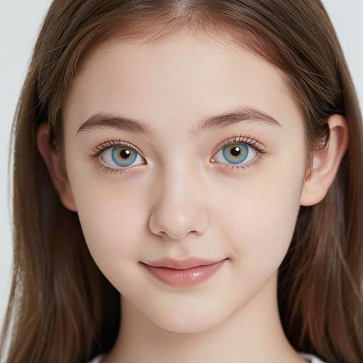 Close-up photograph of a young woman with fair skin, straight brown hair, and striking blue eyes, smiling subtly against a white background.