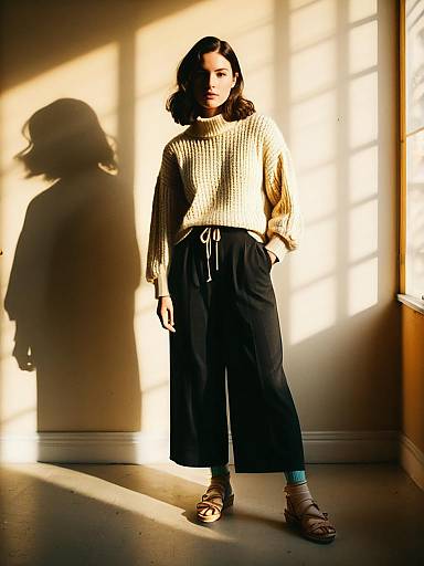 Woman in Casual Cream Sweater and Black Wide-Leg Pants