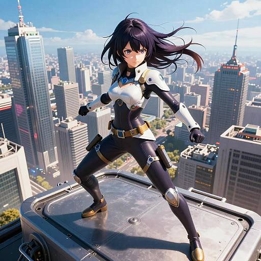 Digital anime-style artwork of a black-haired, blue-eyed female agent in a white and black bodysuit, standing confidently on a rooftop amid a sun