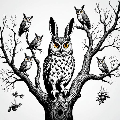 Surreal Owl and Bunny Line Art on Tree