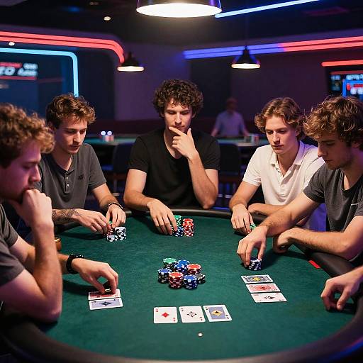 Photograph of five young men with curly and wavy hair, wearing casual black and white shirts, intensely playing poker around a green felt table, illuminated