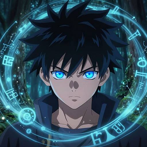 Anime-style digital illustration of a serious young man with spiky black hair and glowing blue eyes, surrounded by a blue magical circular aura in a dark forest