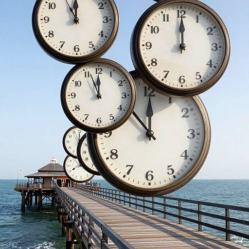 Surreal Pier with Twisting Clocks