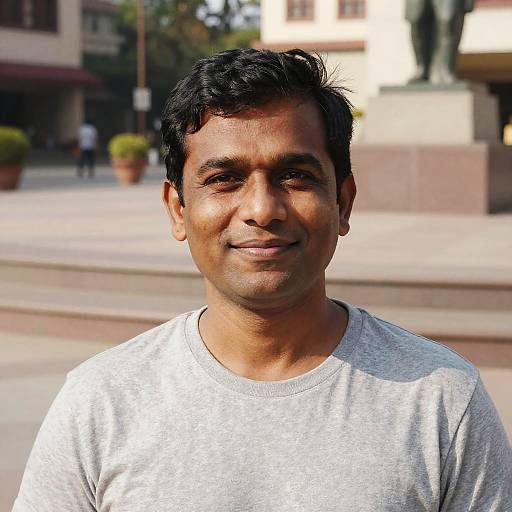 Photograph of a smiling Indian man with medium brown skin, short black hair, wearing a light gray shirt, standing outdoors in a sunlit plaza with