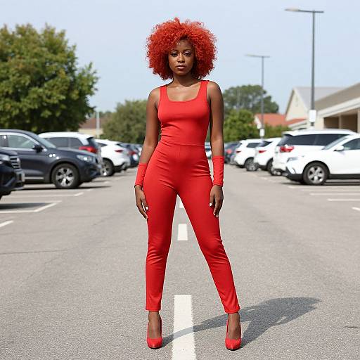 Red Afro Costume in Parking Lot