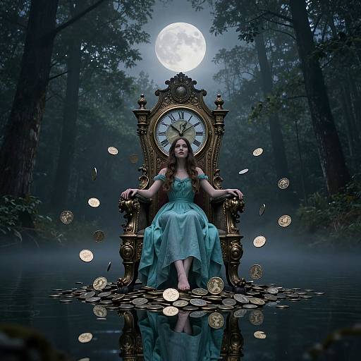 Magical forest scene: woman in turquoise dress sits on ornate clock throne, surrounded by floating lanterns, under full moon.