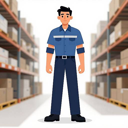 Digital drawing of a male warehouse worker with black hair, blue shirt, black pants, arm band, standing in a blurred warehouse aisle.