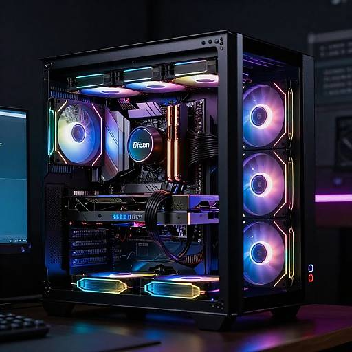 Photograph of a futuristic, neon-lit server rack with glowing blue, purple, and green LED lights, showcasing intricate computer hardware inside.