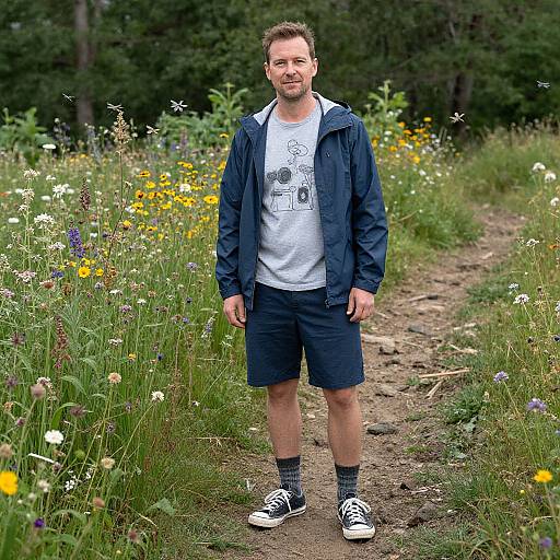 Photograph of a smiling, bearded man in a navy jacket, white graphic tee, black shorts, and black sneakers standing on a dirt path with