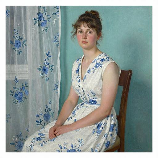 Painting of a young woman with fair skin and brown hair in a bun, wearing a white floral dress, seated against a teal wall with blue floral