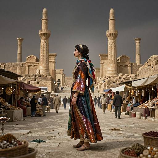 Photograph of a woman in a colorful, shimmering traditional dress, standing in a bustling, ancient bazaar with towering minarets in the background