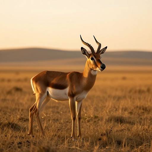 Photograph of a lone, slender antelope with brown and white fur, black horns, standing in a golden, sunlit grassy plain at sunset