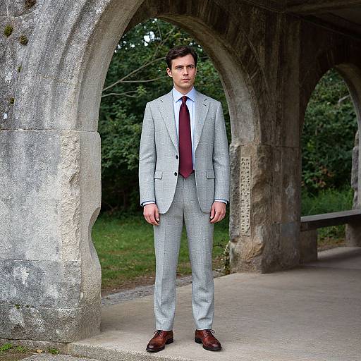 Photograph of a Caucasian man with short dark hair, wearing a light gray suit, white shirt, maroon tie, and brown shoes, standing under