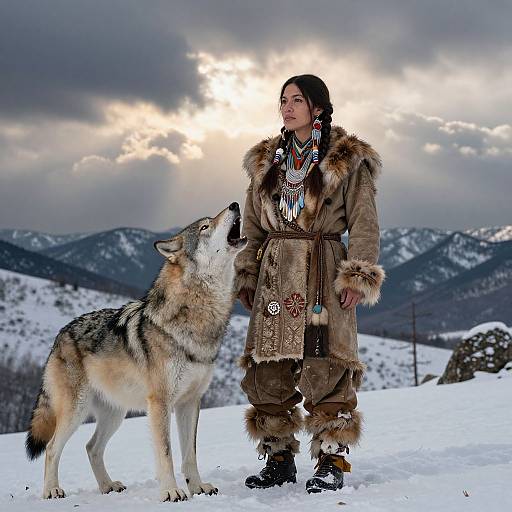 Photograph of a Native American woman in traditional fur-lined clothing standing in snowy mountains, with a coyote looking up at her. Sunbreaks through