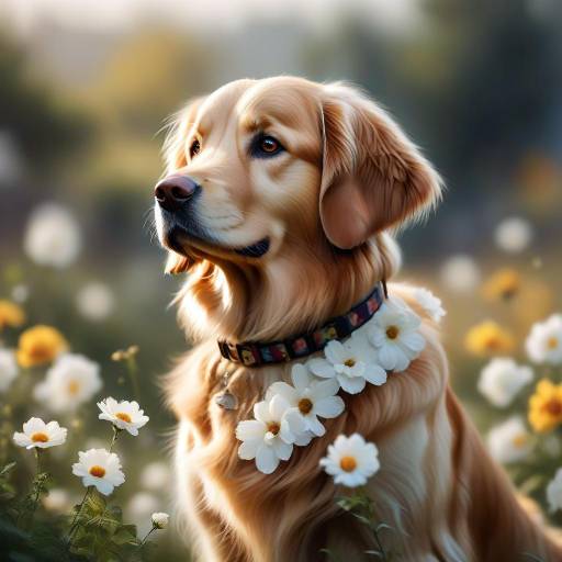 Realistic Golden Retriever Among Flowers