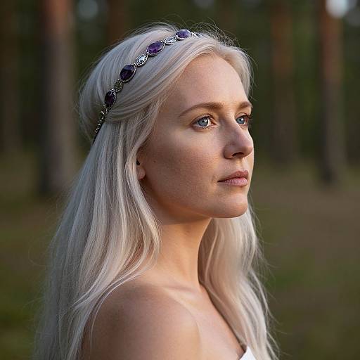 Photograph of a fair-skinned woman with long, white-blonde hair, wearing a black floral headband, gazing into the distance in