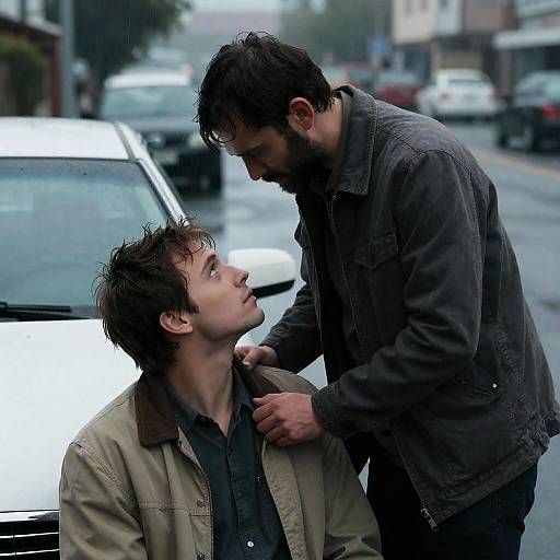 Two men in intense moment on rainy street