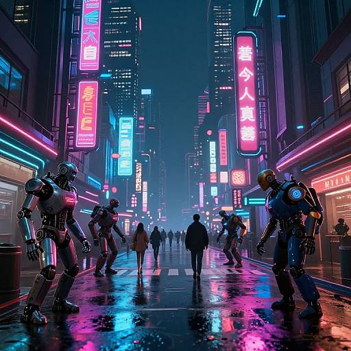 Neon-lit, cyberpunk street scene at night with rain-soaked pavement. Robotic figures and people walk past vibrant, colorful Japanese signage on